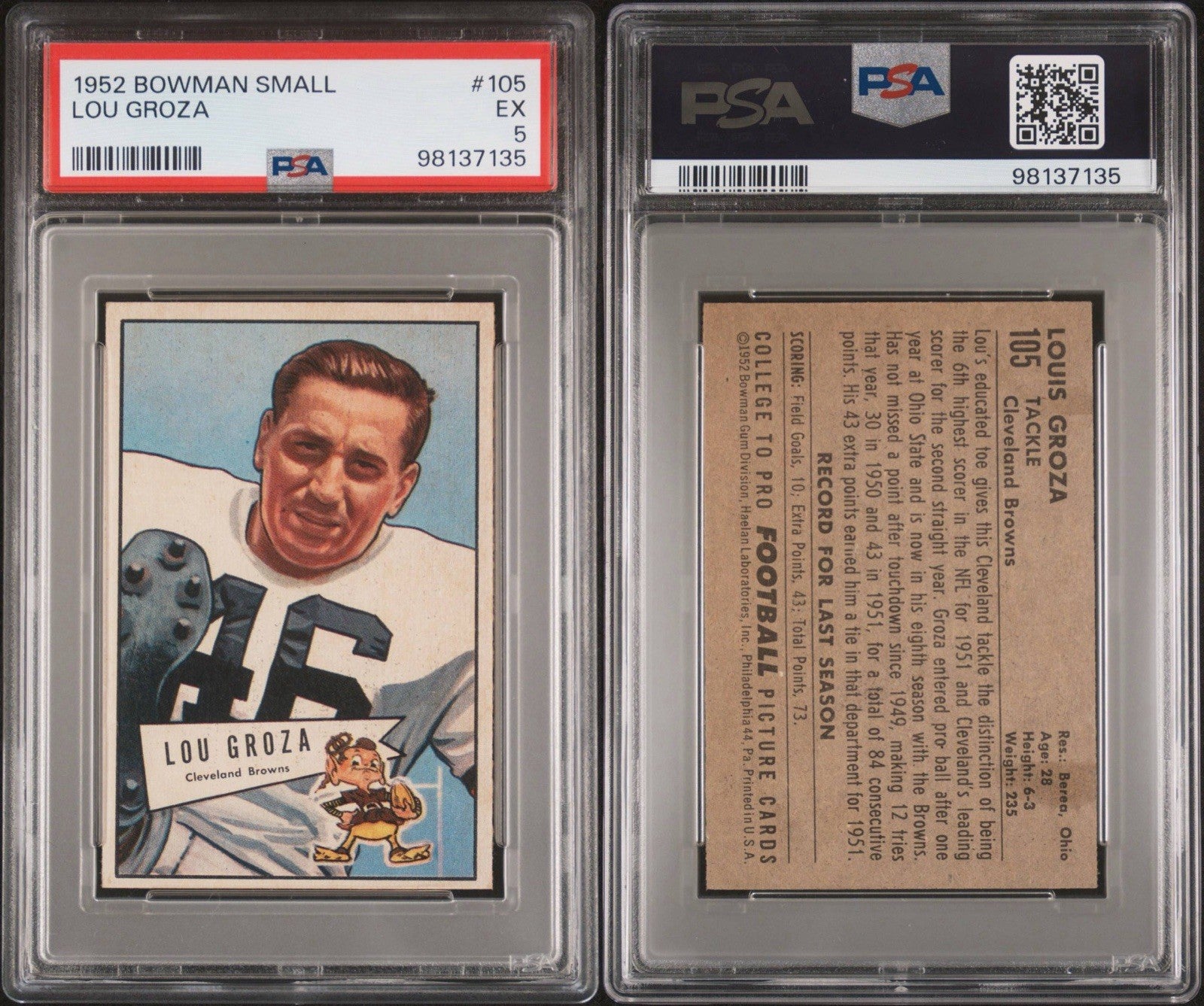 1952 Bowman Small Football #105 Lou Groza Browns HOF Ohio St (PSA 5 EX)2