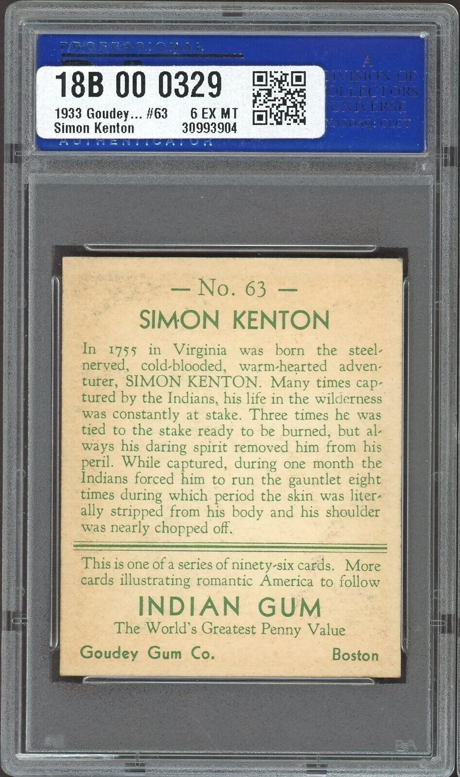 1933 Goudey Indian Gum (Series of 96) #63 Simon Kenton (PSA 6 EX/MT)