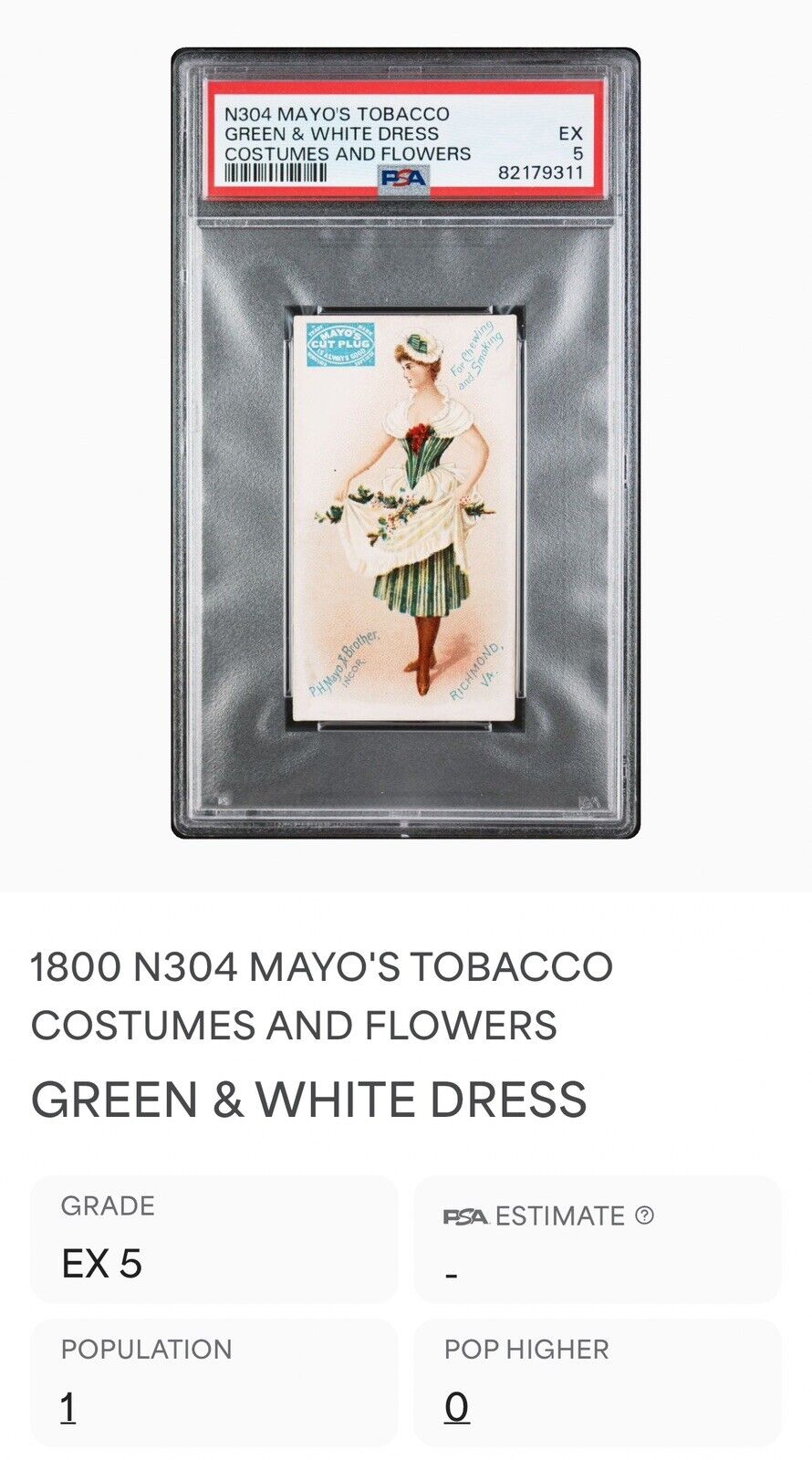 1890 N304 Mayo's Tobacco Costumes & Flowers (PSA 5 EX) Green/White Dress 1/1 hi