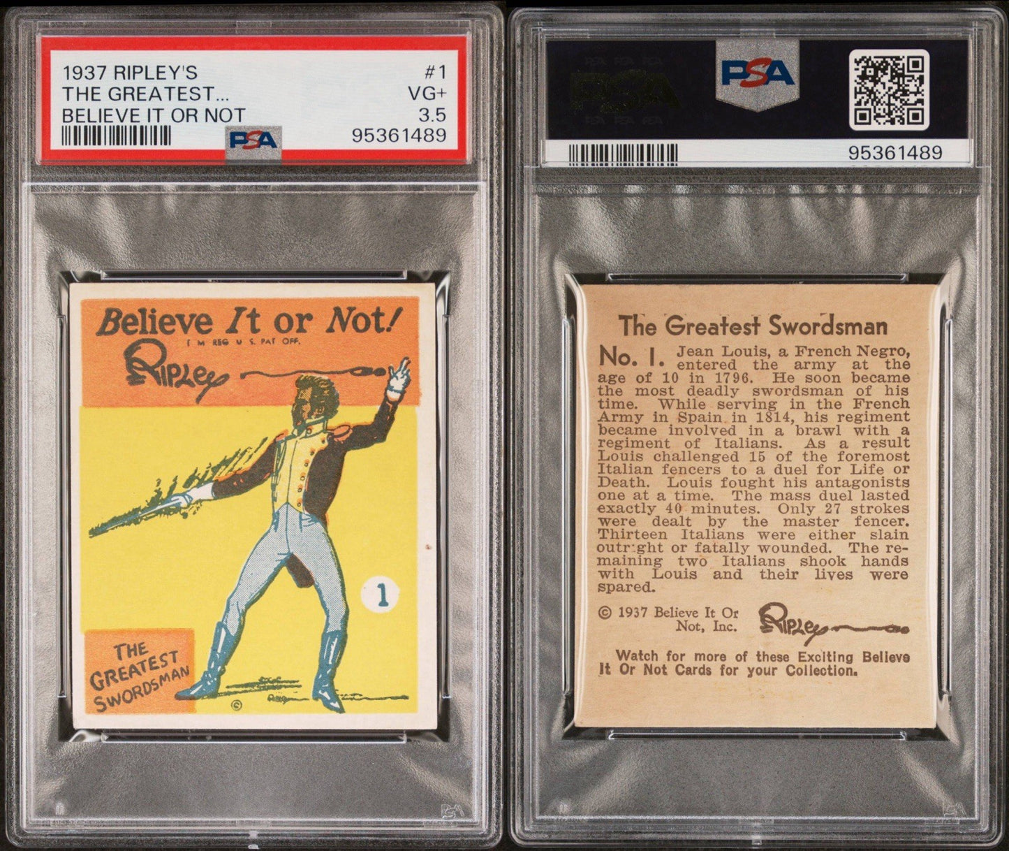 1937 R21 Ripley's Believe It or Not #1 The Greatest Swordsman (PSA 3.5 VG+)2
