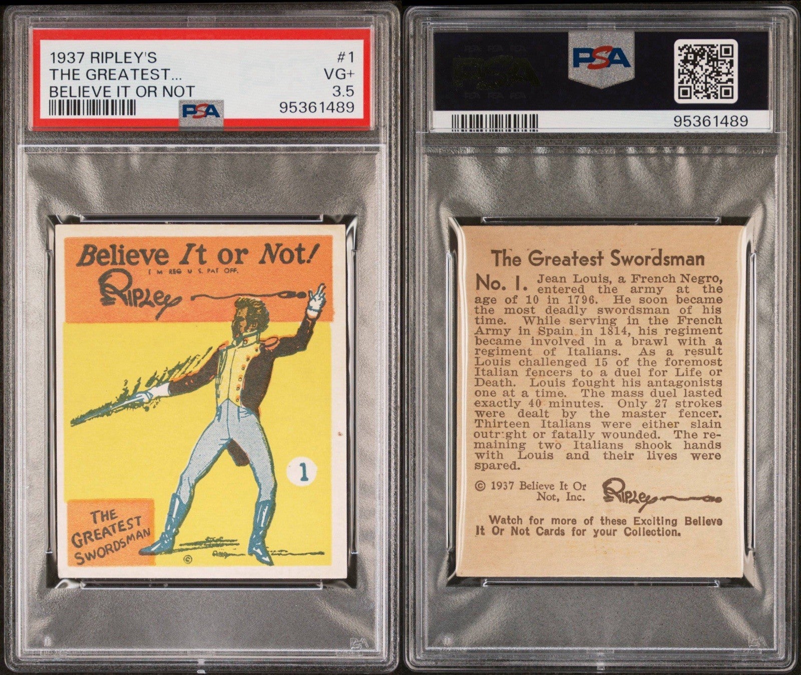 1937 R21 Ripley's Believe It or Not #1 The Greatest Swordsman (PSA 3.5 VG+)2