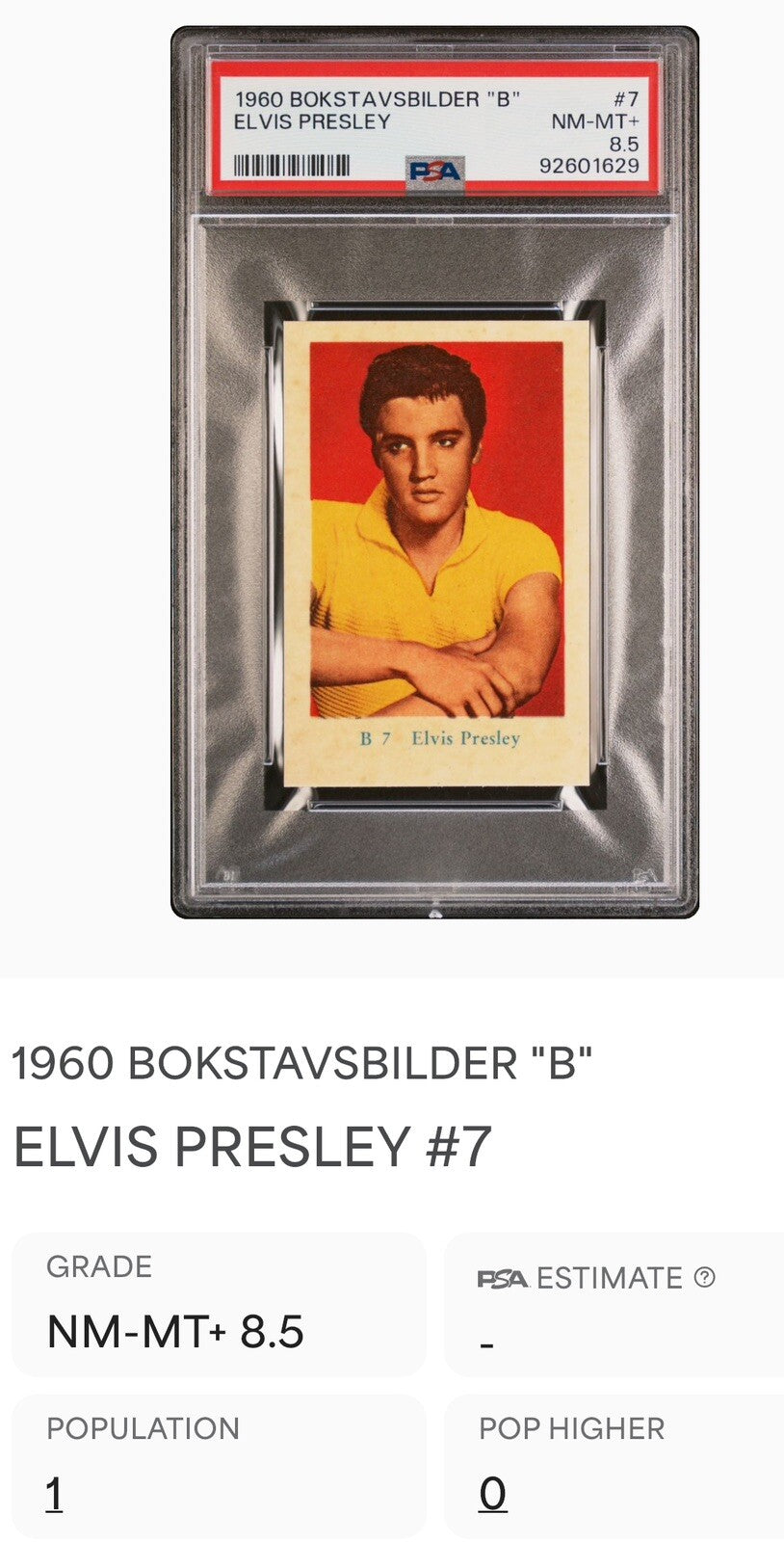 1960 Bokstavsbilder "B" Elvis Presley Card #7 (PSA 8.5 NM MT+) Pop 11