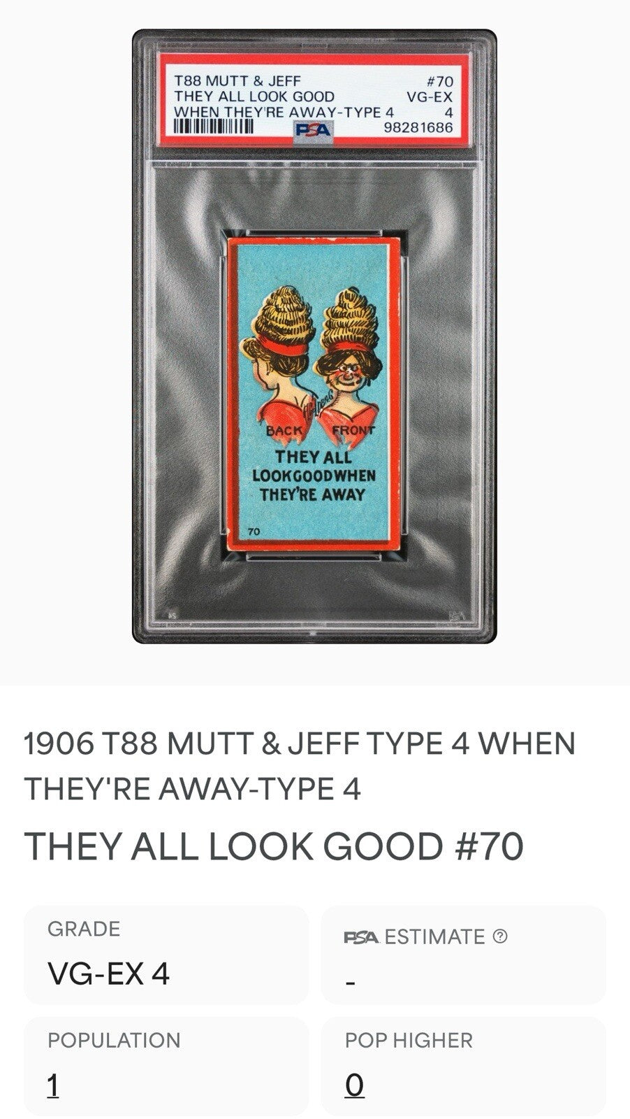 1906 T88 Sweet Caporal Mutt & Jeff Type 4 #70 "When They're Away" (PSA 4 VG/EX)2