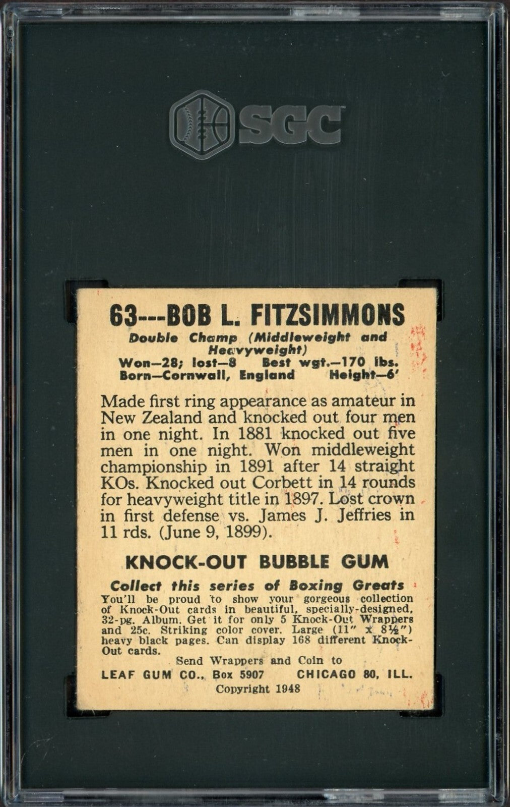 1948 Leaf KnockOut Bubble Gum Boxing #63 (SGC 5 EX) Bob L. Fitzimmons1