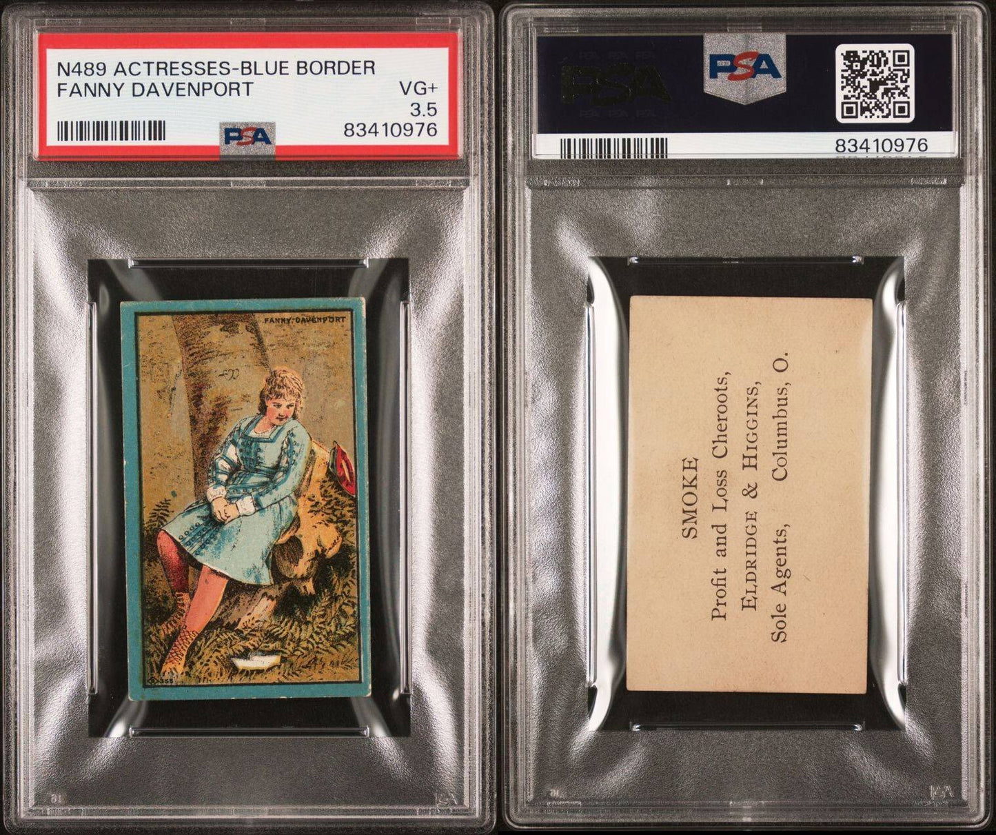 N489 Actresses Blue Border Fanny Davenport PSA 3.5 VG+ Profit and Loss Cheroots2
