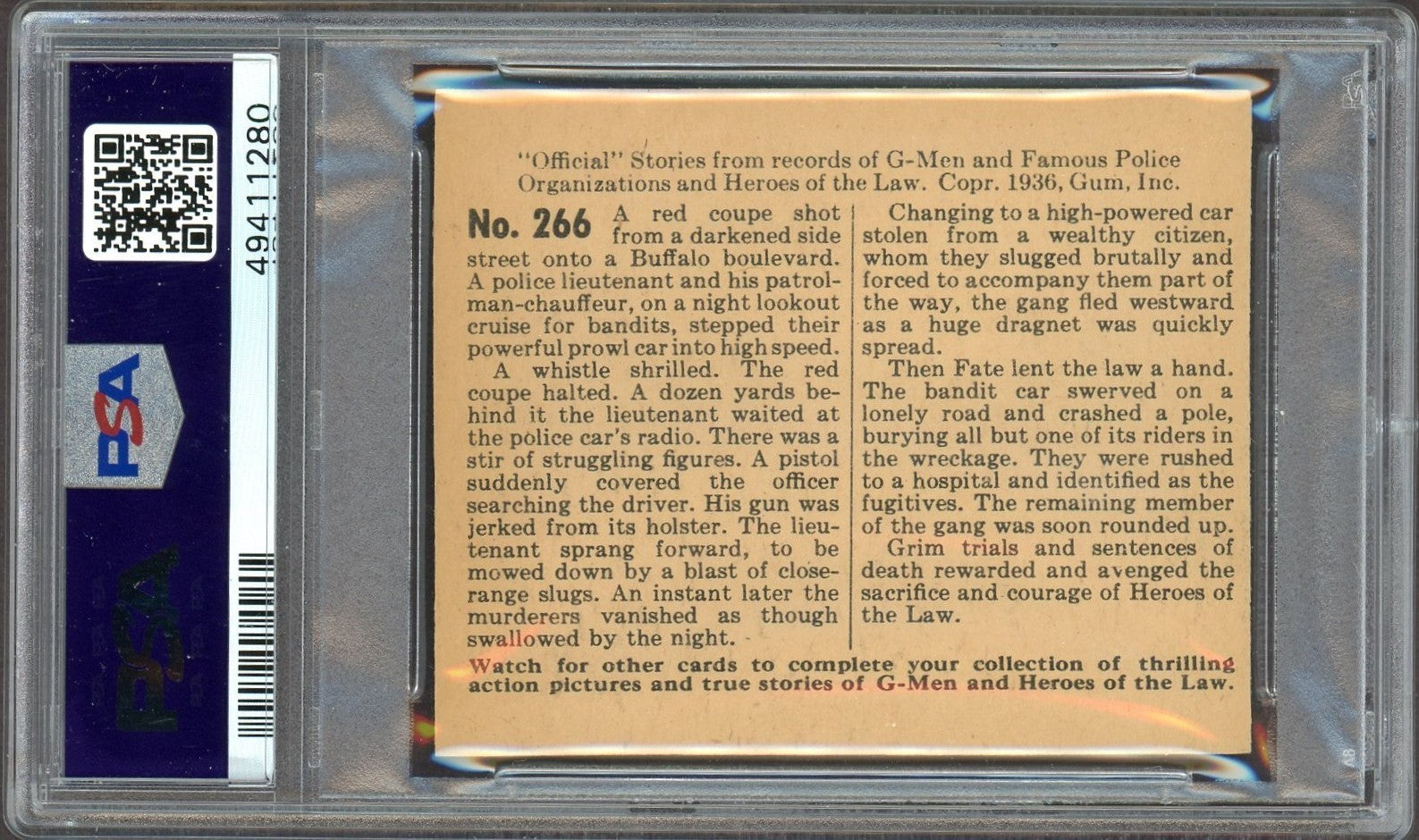1936 G Men & Heroes of the Law Gum #266 The Stroke Of Fate (PSA 6 EX/MT) Hi Num1