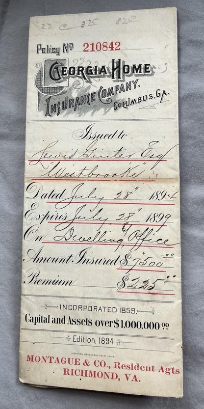 Extremely RARE LEWIS GINTER Allen & Ginter INSURANCE POLICY Charles Bray Estate0