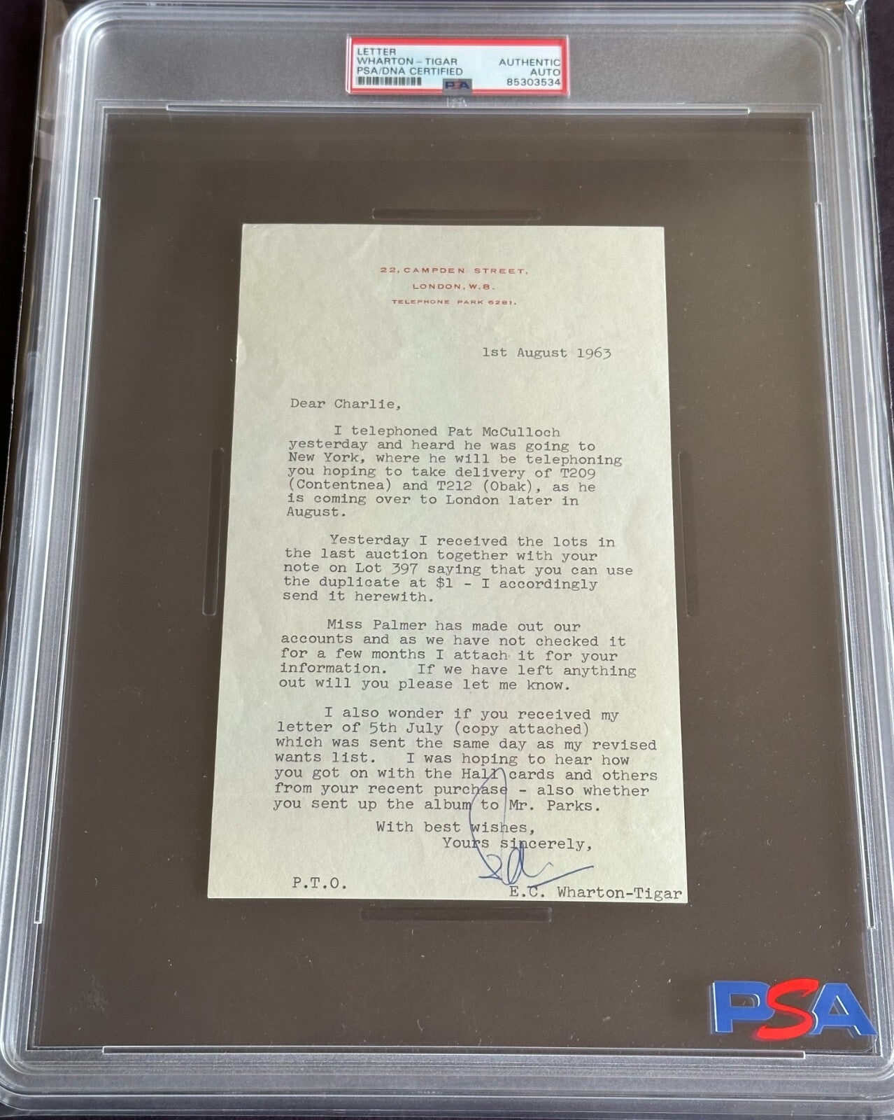 Famed Collectors CHARLES BRAY Letter EDWARD WHARTON TIGAR PSA Auth T209 T2120