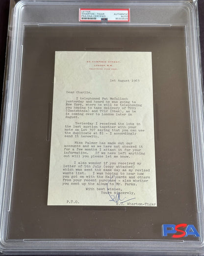 Famed Collectors CHARLES BRAY Letter EDWARD WHARTON TIGAR PSA Auth T209 T2120
