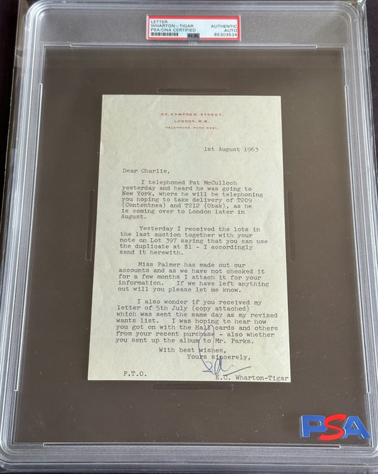 Famed Collectors CHARLES BRAY Letter EDWARD WHARTON TIGAR PSA Auth T209 T2120