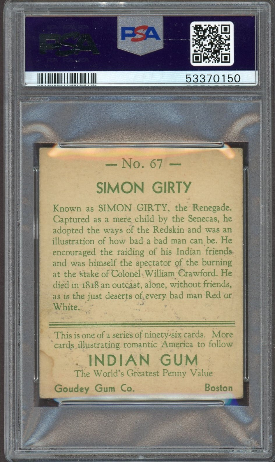 1933 Goudey Indian Gum (Series of 96) #67 Simon Girty (PSA 5 EX) Centered1