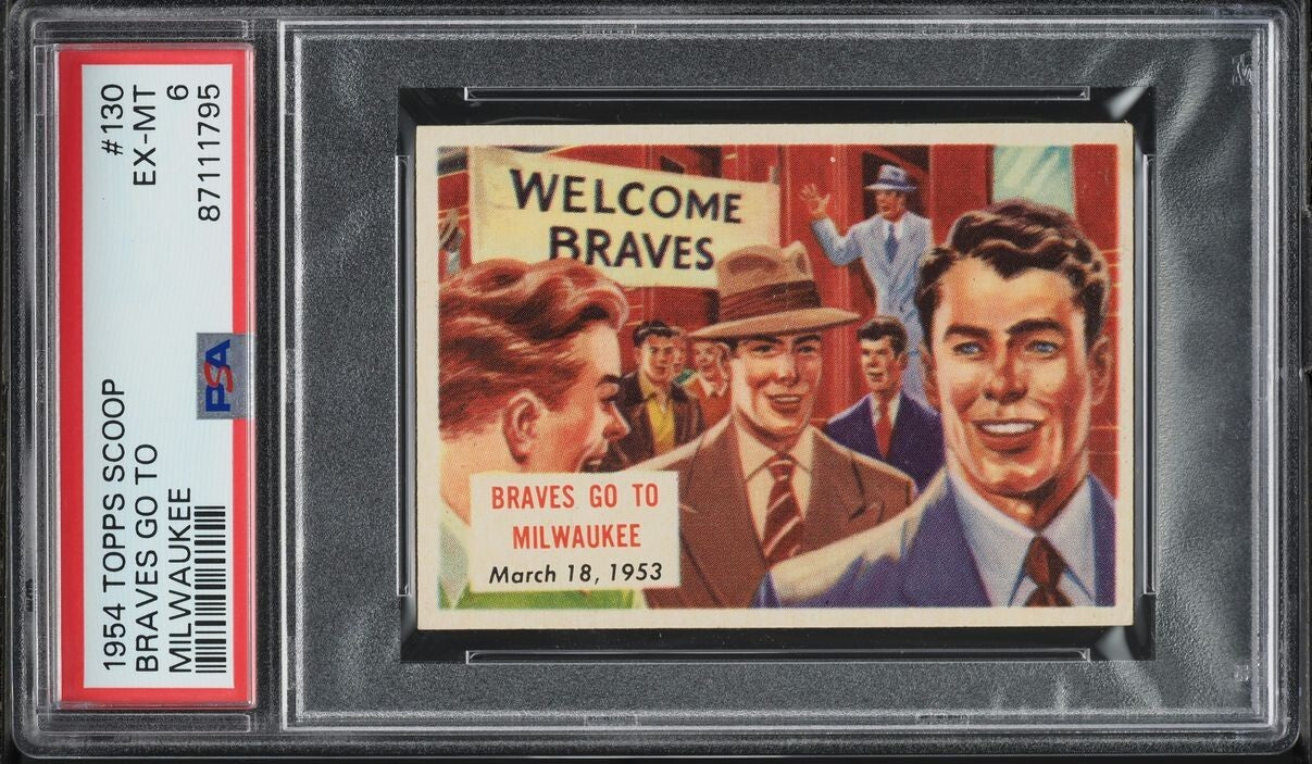 1954 Topps Scoop #130 Braves Go To Milwaukee (PSA 6 EX/MT) Baseball0