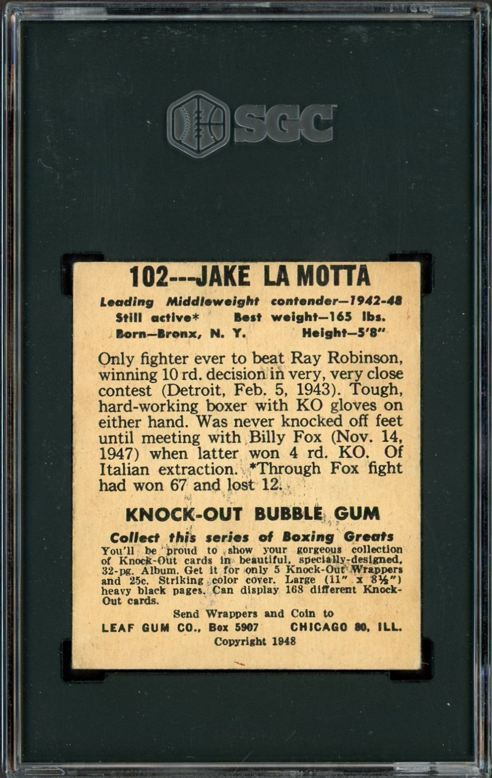 1948 Leaf Knock Out Bubble Gum Boxing #102 Jake Lamotta (SGC 5 EX)1
