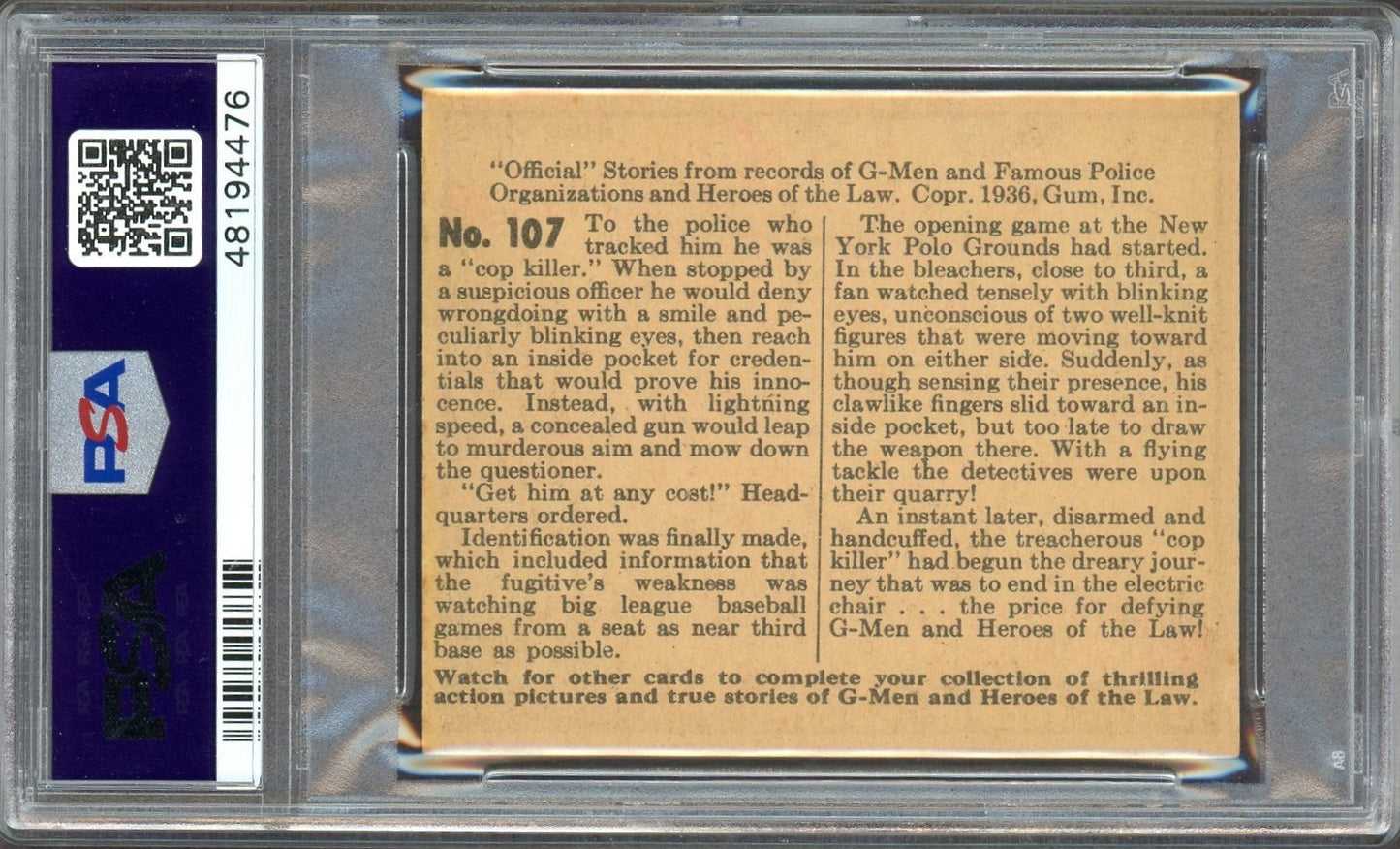 1936 G-Men & Heroes of the Law #107 Trapping Cop Killer (PSA 4 VGEX) Rare Number1