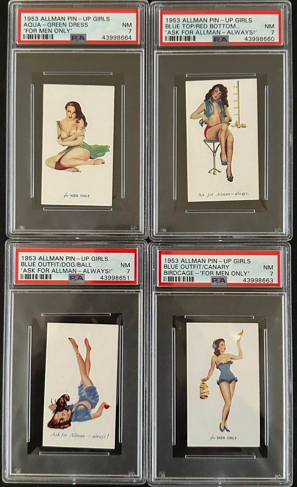1953 Allman PIN-UP GIRLS Cigarette Lot of 4 Cards (PSA 7 NM) "For Men Only"0