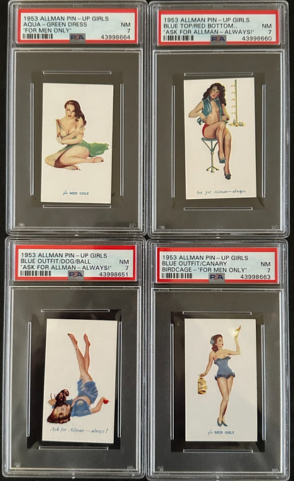 1953 Allman PIN-UP GIRLS Cigarette Lot of 4 Cards (PSA 7 NM) "For Men Only"0