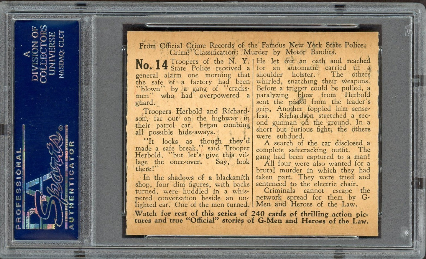 1936 Gum G-Men & Heroes of the Law #14 Foiling Four Wanted Killers (PSA 7 NM)1