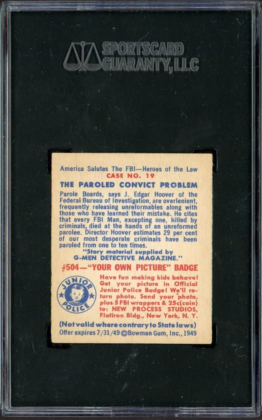 1949 Bowman "America Salutes The FBI" #19 The Paroled Convict (SGC 6 EX/NM)1