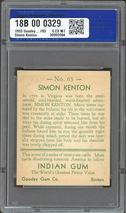 1933 Goudey Indian Gum (Series of 96) #63 Simon Kenton (PSA 6 EX/MT)1