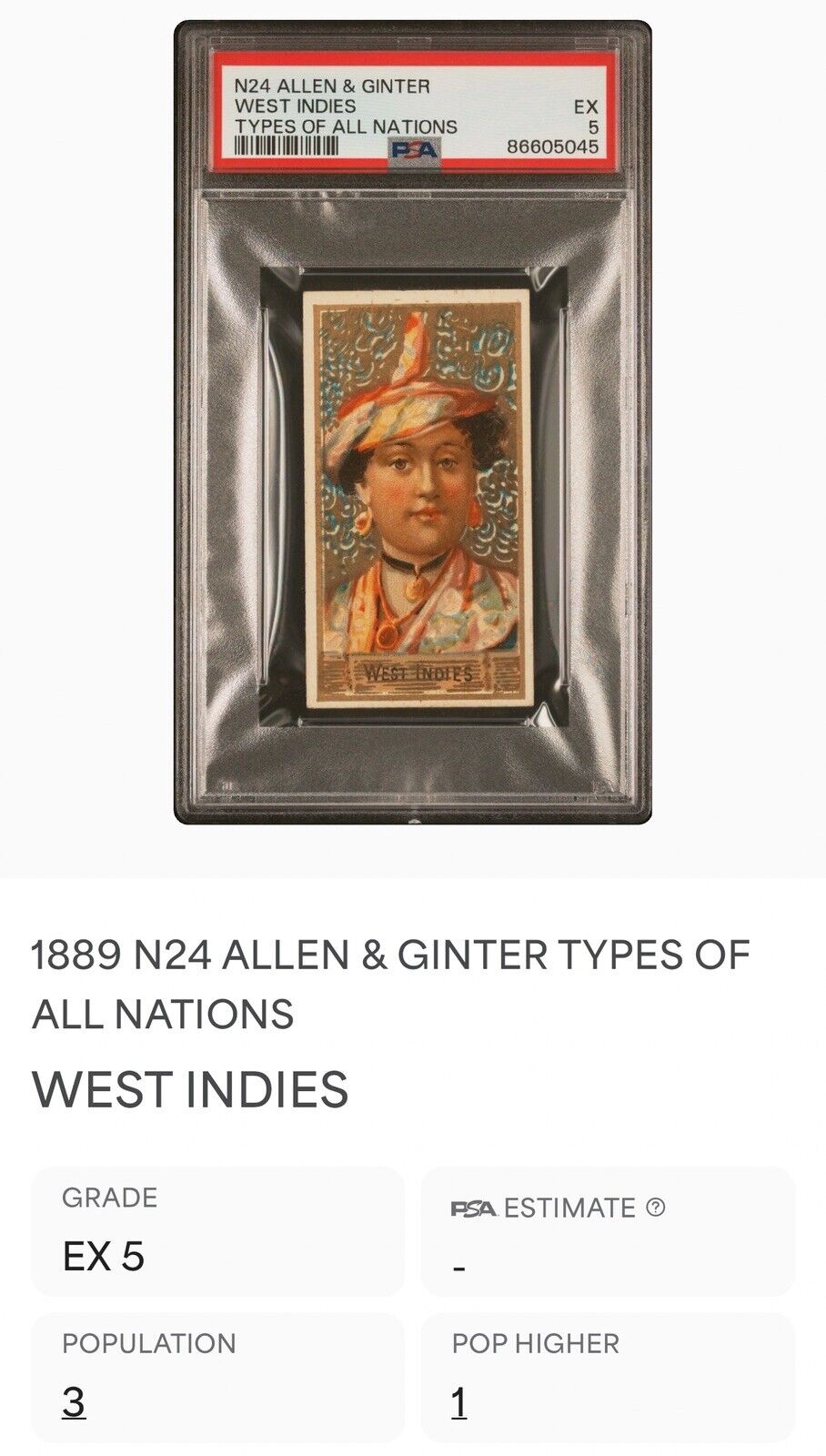 1889 ALLEN & GINTER N24 TYPES OF ALL NATIONS (PSA 5 EX) West Indies