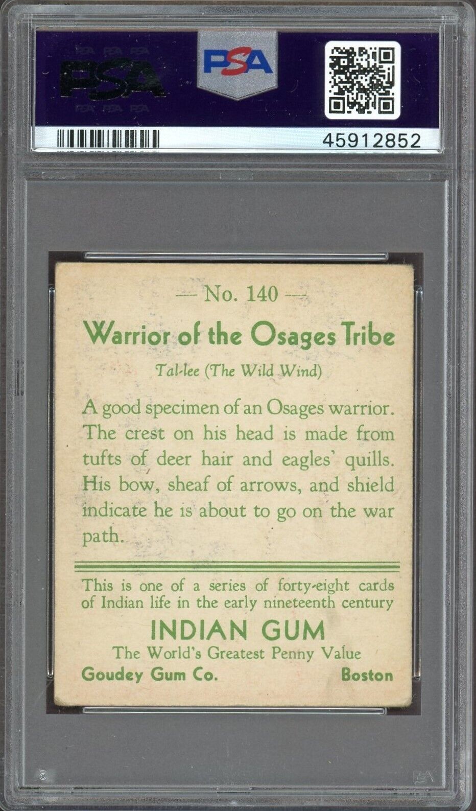 1933 Goudey Indian Gum (Series of 48) #140 Warrior Osages Tribe (PSA 4 VG/EX)