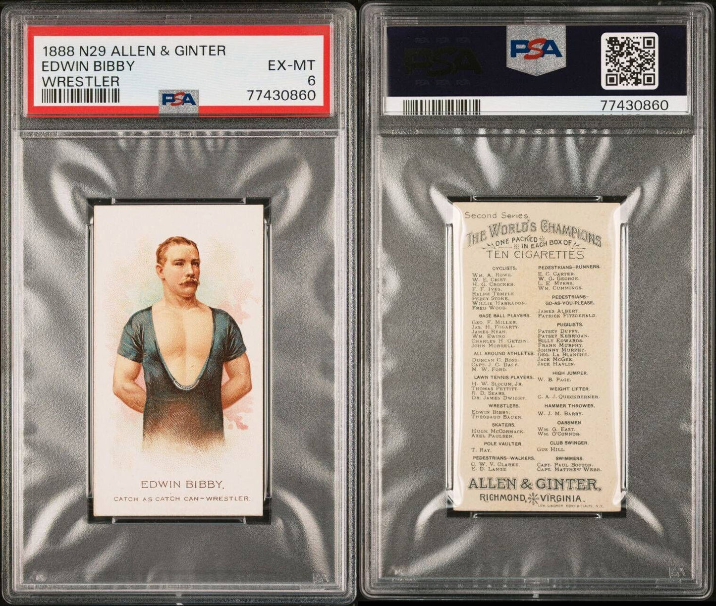 1888 N29 Allen & Ginter Edwin Bibby Wrestler (PSA 6 EX/MT) 1st American Champ