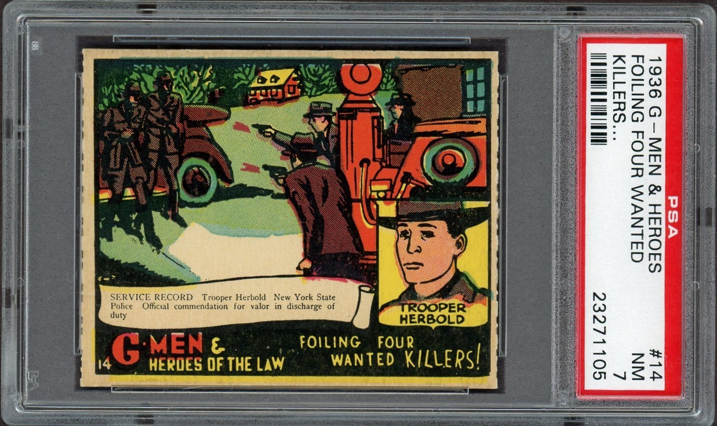 1936 Gum G-Men & Heroes of the Law #14 Foiling Four Wanted Killers (PSA 7 NM)0