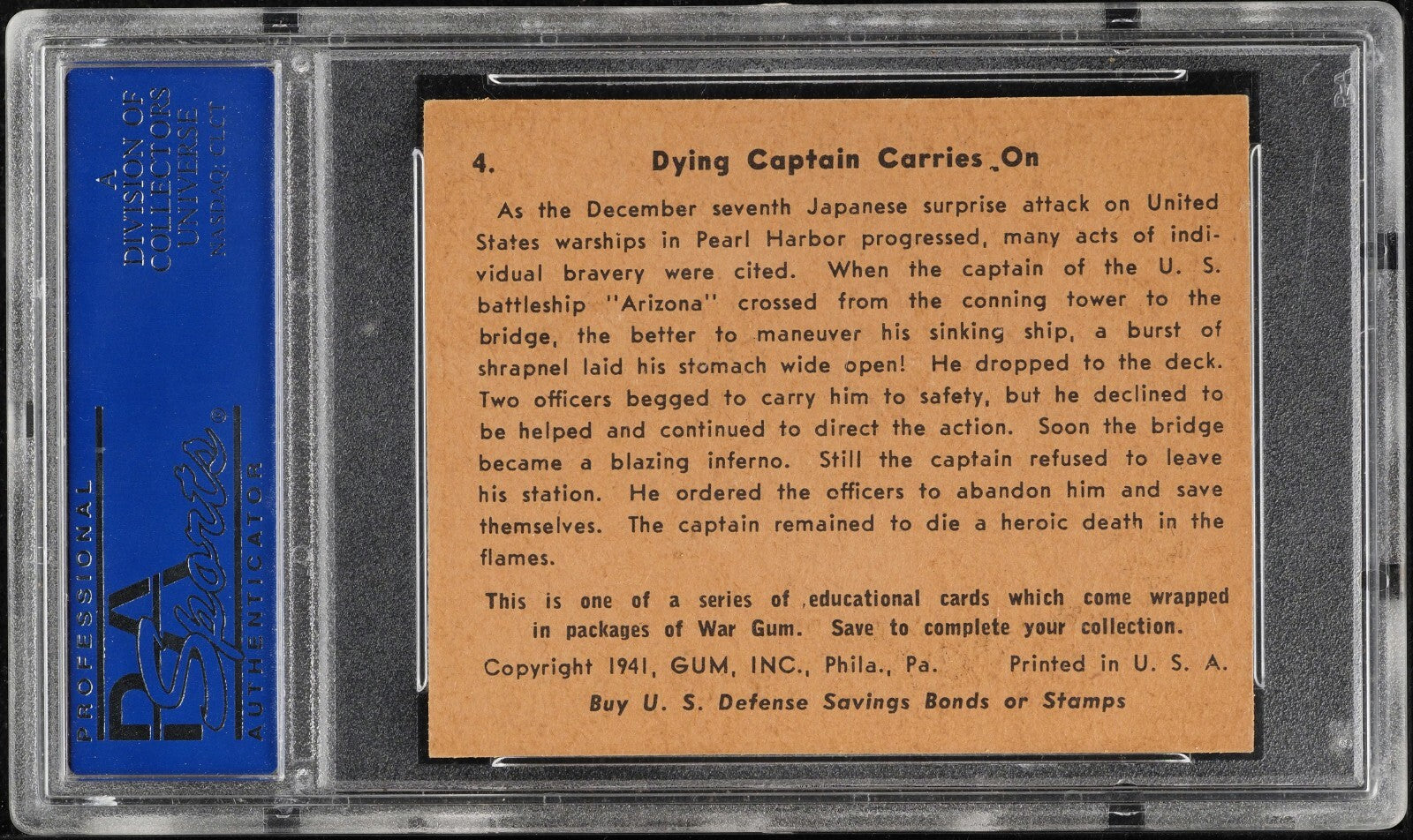1941 Gum, Inc. R164 War Gum #4 "Dying Captain Carries On" (PSA 8 NM/M)1