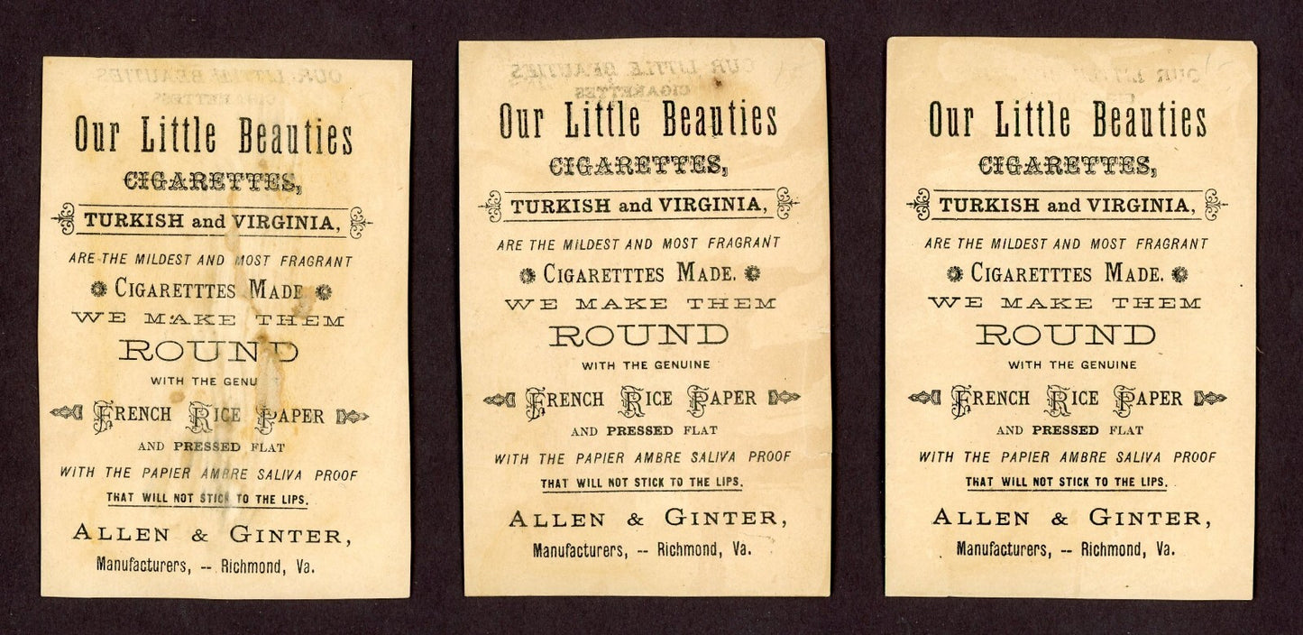 Collection of SIX Allen & Ginter Tobacco Little Beauties Cigarettes TRADE CARDS1