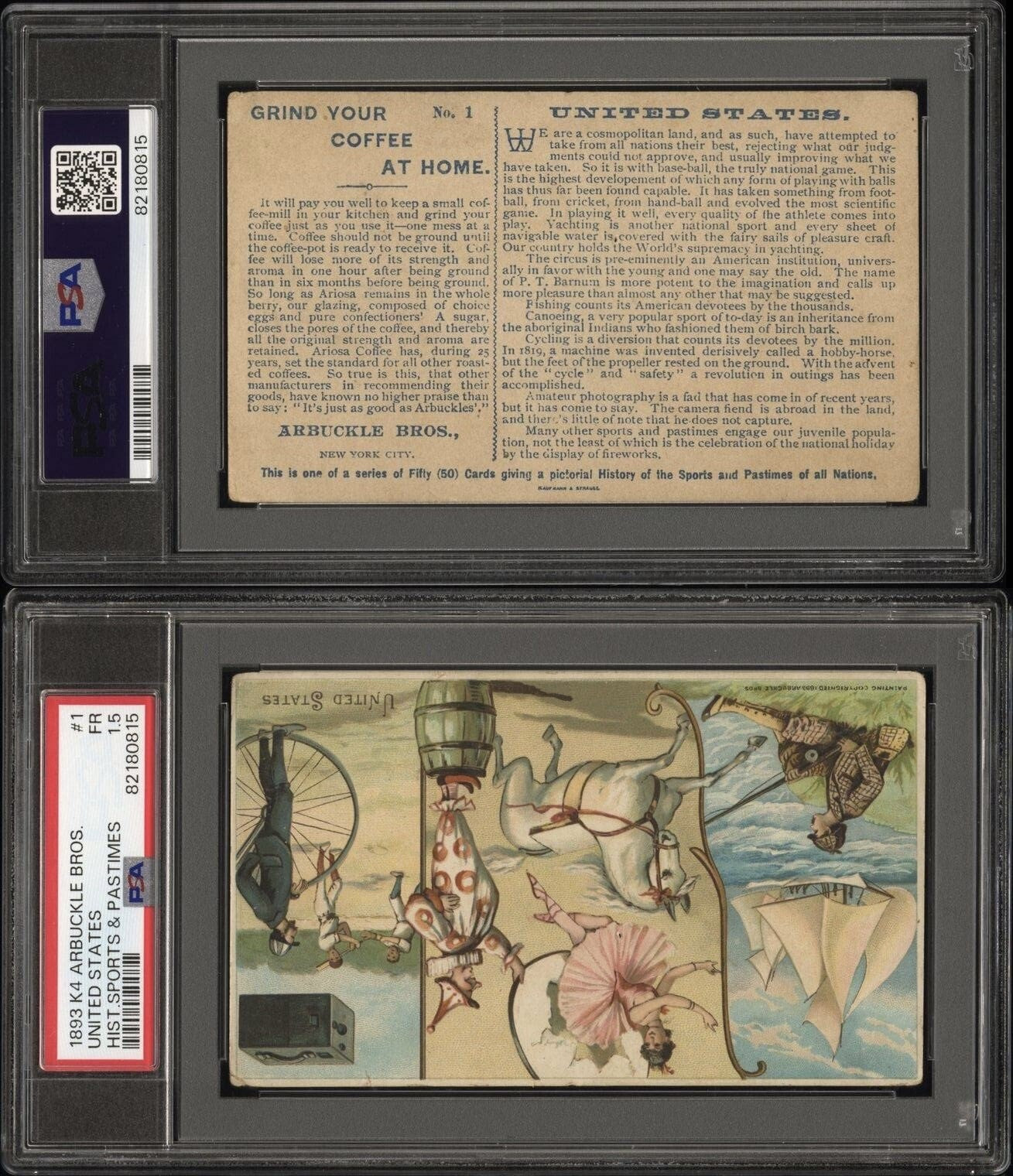 1893 Arbuckle Coffee Sports & Pastimes K4 UNITED STATES (PSA 1.5 FR) Baseball2