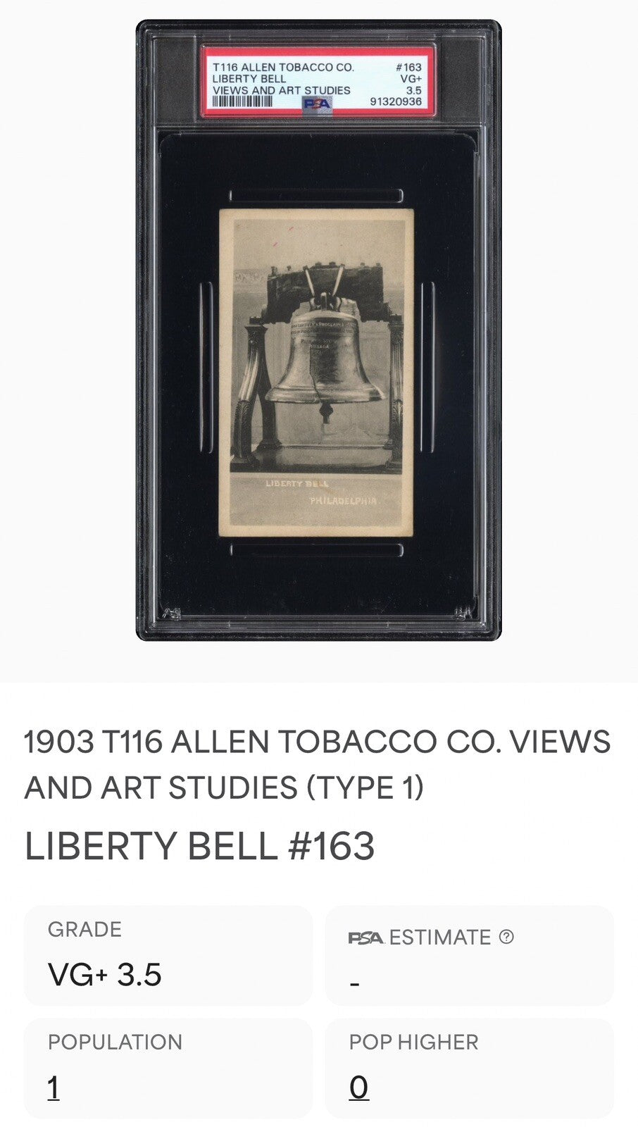 1903 T116 Allen Tobacco Telonette Cigars #163 LIBERTY BELL (PSA 3.5 VG+) 1/12