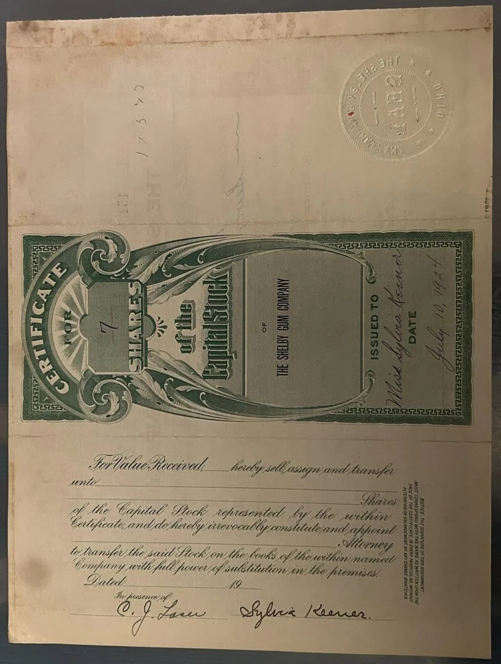 Shelby Gum Company 1924 Stock Certificate, Letterhead, Checks10