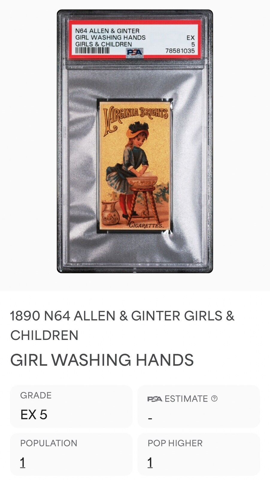 1886 N64 Allen & Ginter Girls & Children (PSA 4 VG/EX) Girl Washing Hands