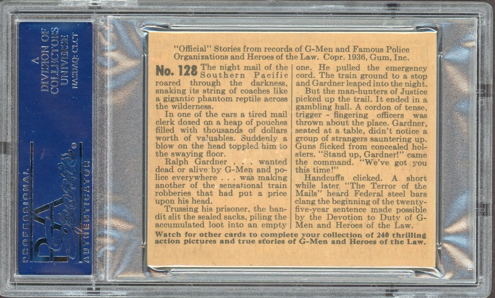 1936 Gum G Men & Heroes of the Law #128 Terror of the Mails! (PSA 6 EX/MT)1