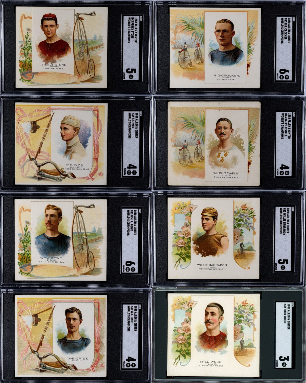 Set of (8) 1888 N43 Allen & Ginter World Champions CYCLISTS (SGC GRADED) 4.6250