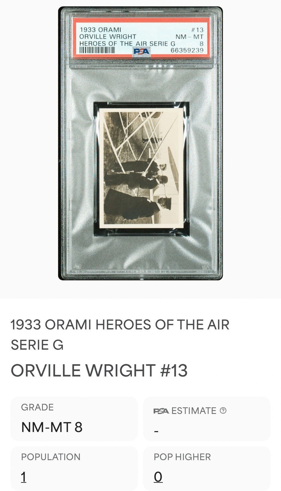 1933 Orami "Heroes of the Air" SERIE G Orville Wright #13 (PSA 8 NM/MT)2