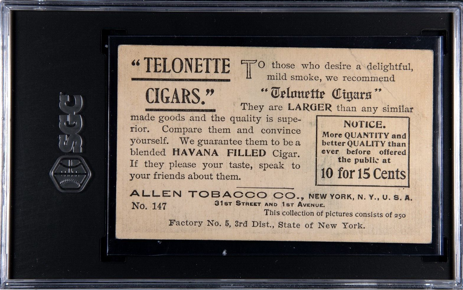 1903 T116 Allen Tobacco Co. Telonette Cigars #147 Central Park Terrace SGC 3 VG1