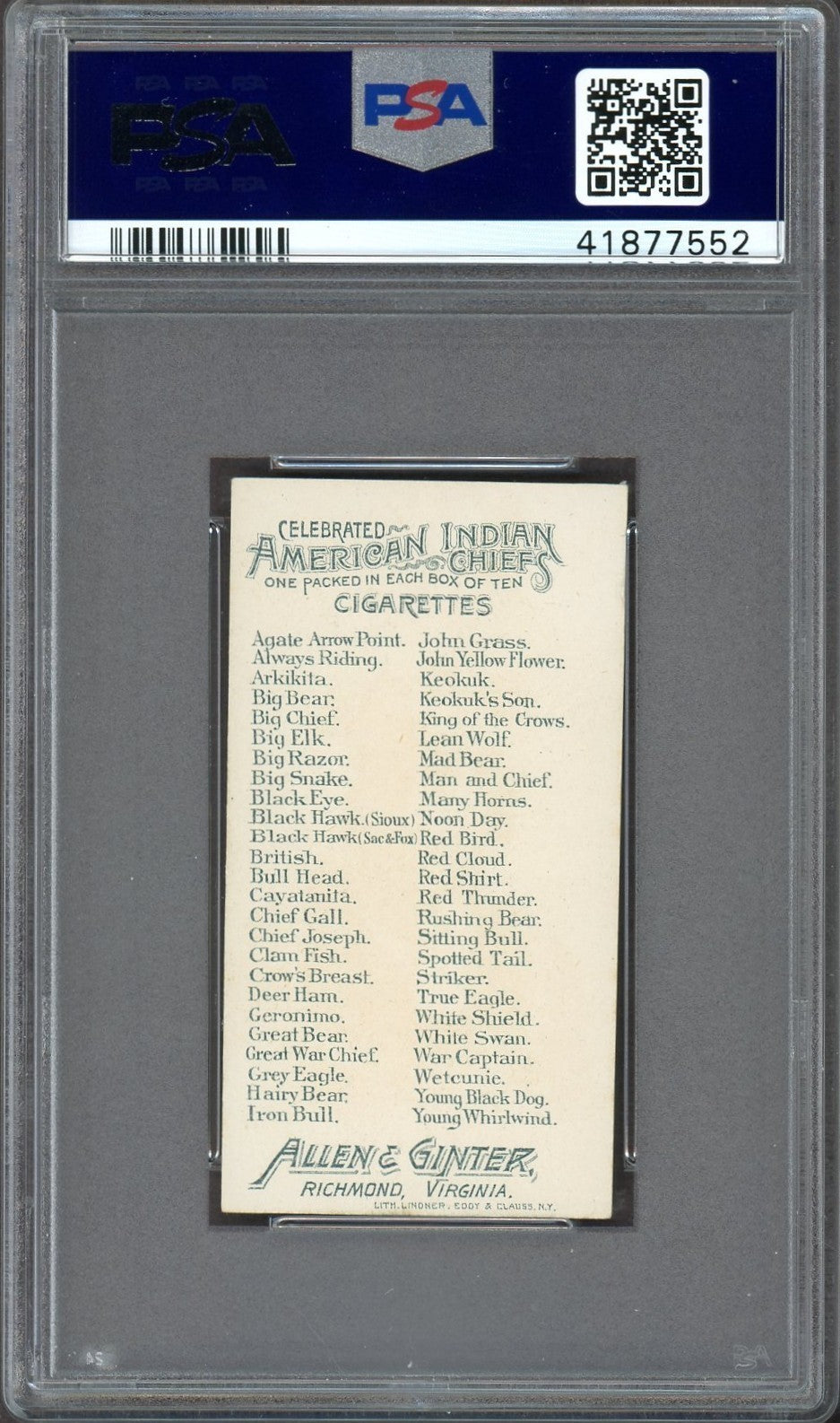 1888 N2 Allen & Ginter American Indian Chiefs (PSA 6 EX/MT) Bull Head1