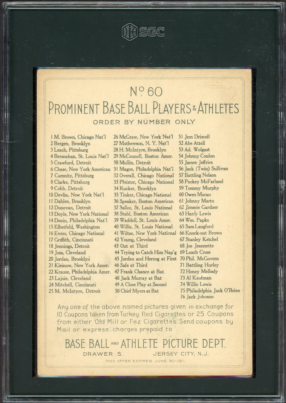 1910 T9 Turkey Red #60 Owen Moran (SGC  5 EX) Chklst Back SHARP1