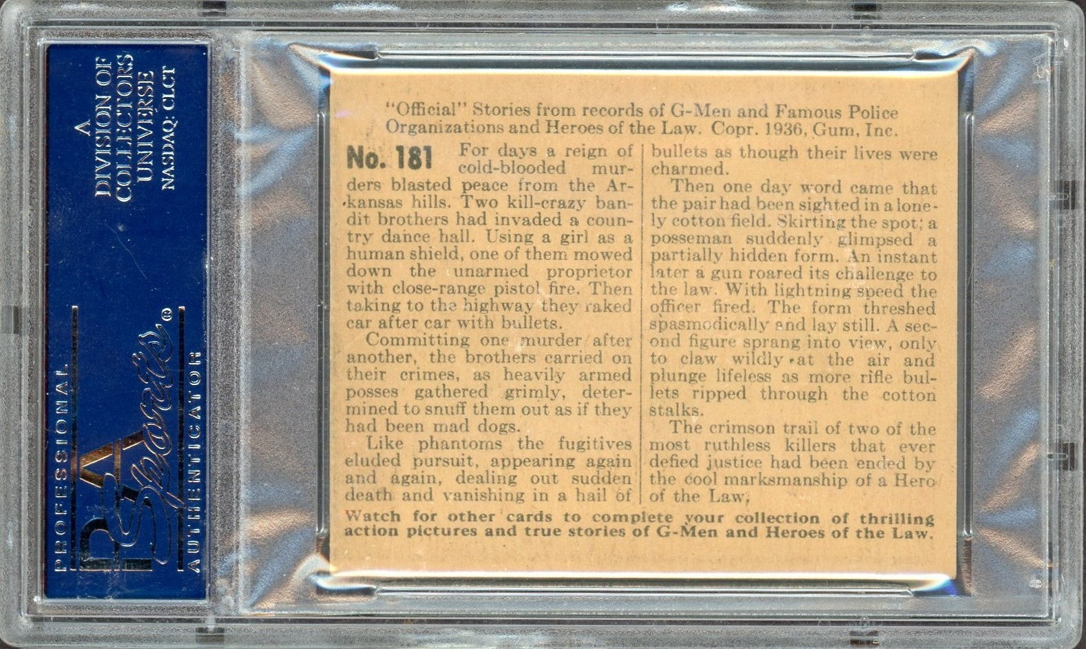 1936 Gum G-Men & Heroes of the Law #181 Death Ends a Crimson Trail (PSA 6 EX/MT)1