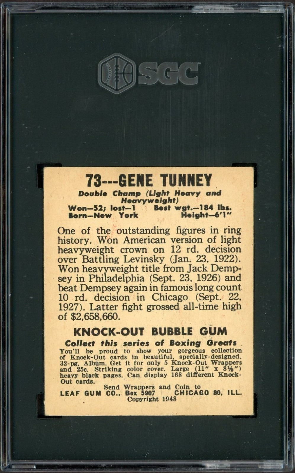 1948 Leaf Knock Out Bubble Gum Boxing #73 Gene Tunney (SGC 4.5 VG/EX+)1