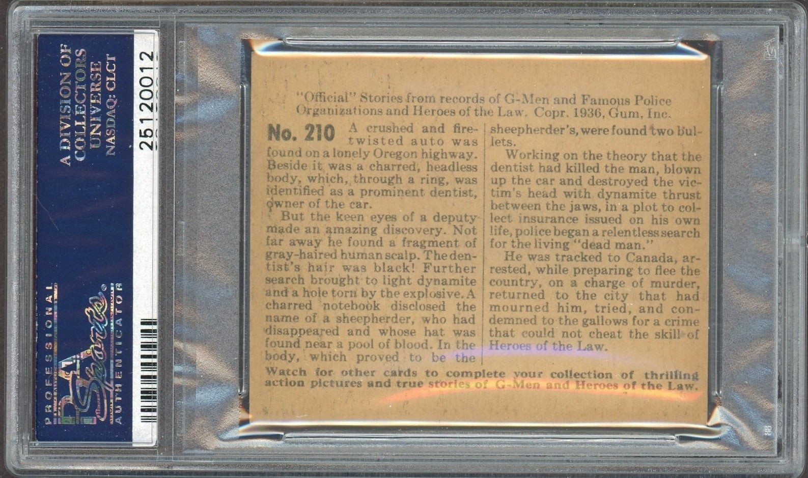 1936 Gum G Men & Heroes of the Law Gum #210 Living Dead Man (PSA 5 EX)1