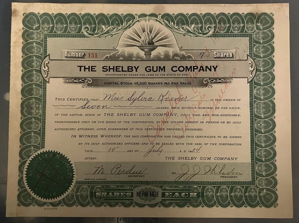 Shelby Gum Company 1924 Stock Certificate, Letterhead, Checks0