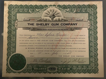 Shelby Gum Company 1924 Stock Certificate, Letterhead, Checks0