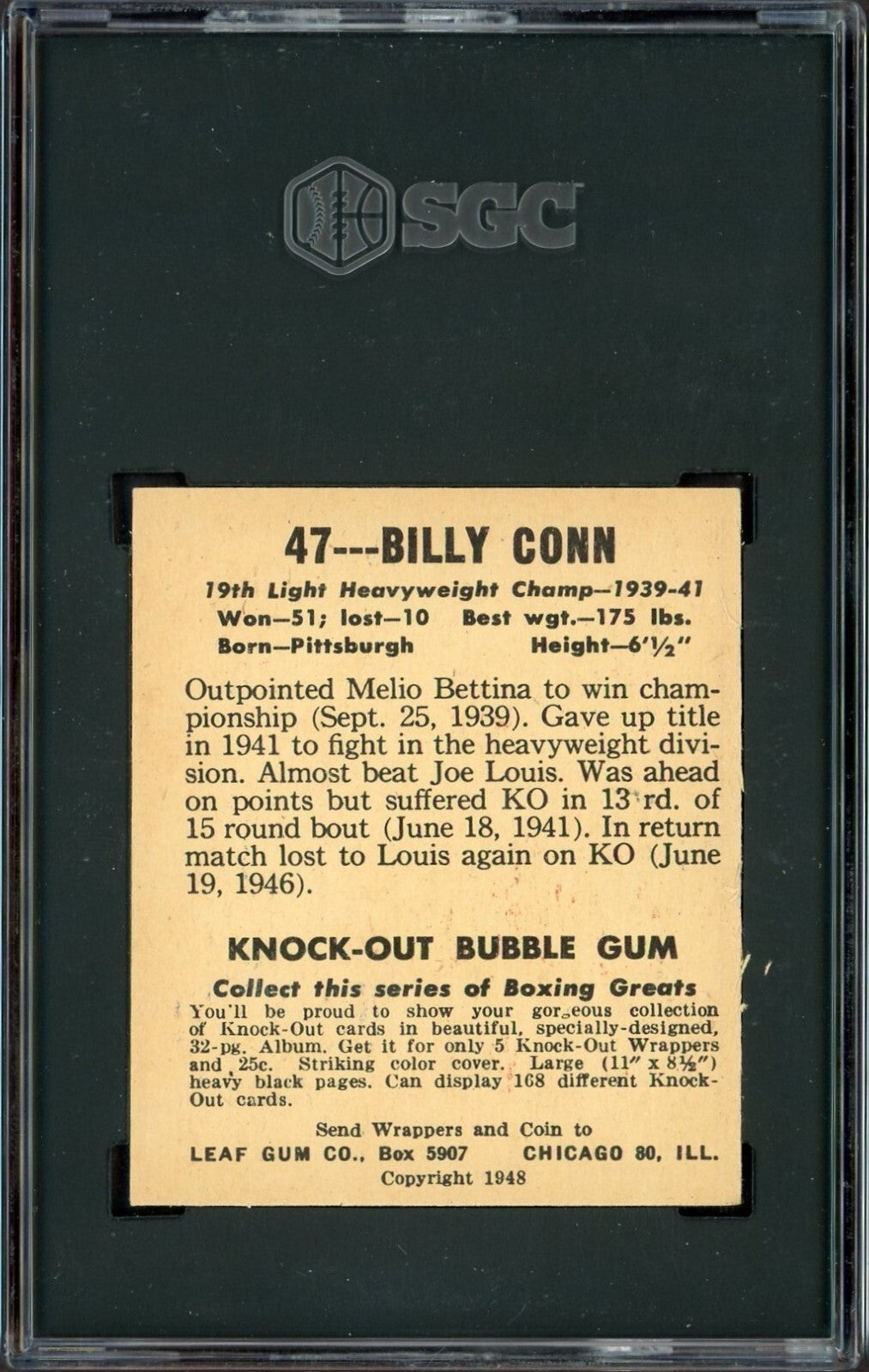 1948 Leaf Knock Out Bubble Gum Boxing Card #47 Billy Conn (SGC 6 EX/MT)1