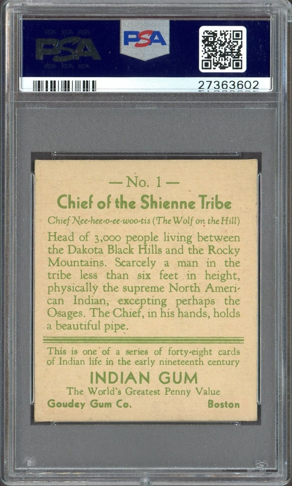 1933 Goudey INDIAN GUM Series of 48 Red #1 Chief of Shienne Tribe (PSA 4 VGEX)1