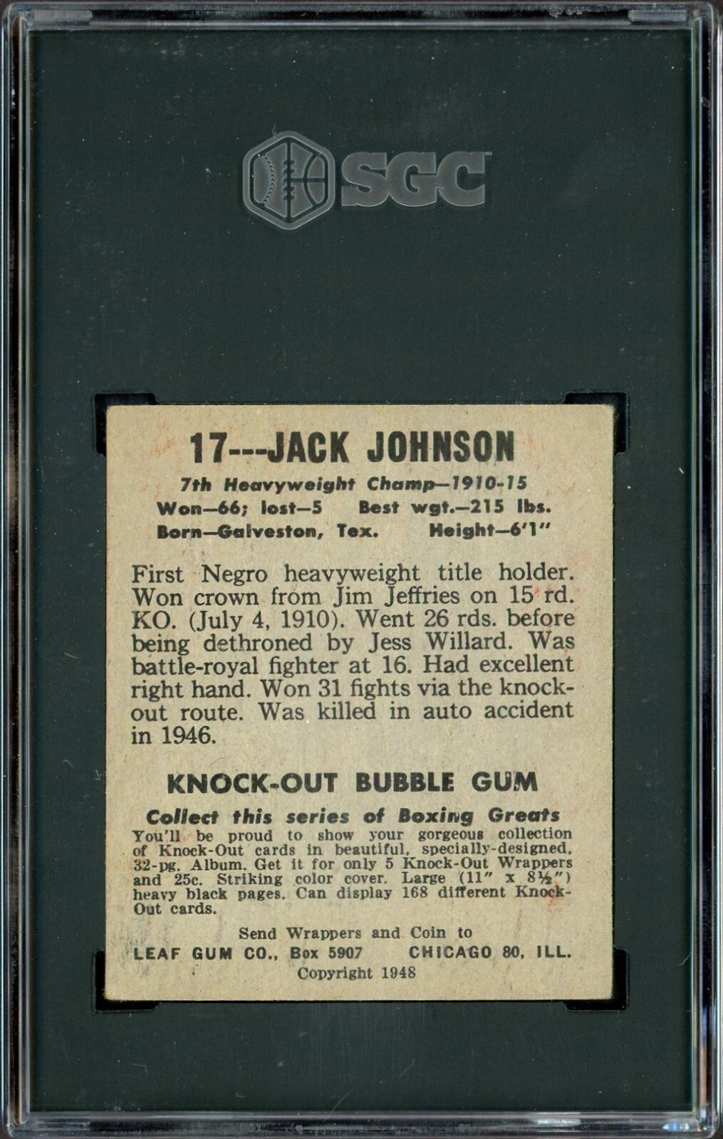 1948 Leaf Knock Out Bubble Gum Boxing #17 JACK JOHNSON (SGC 4.5 VG/EX+)1