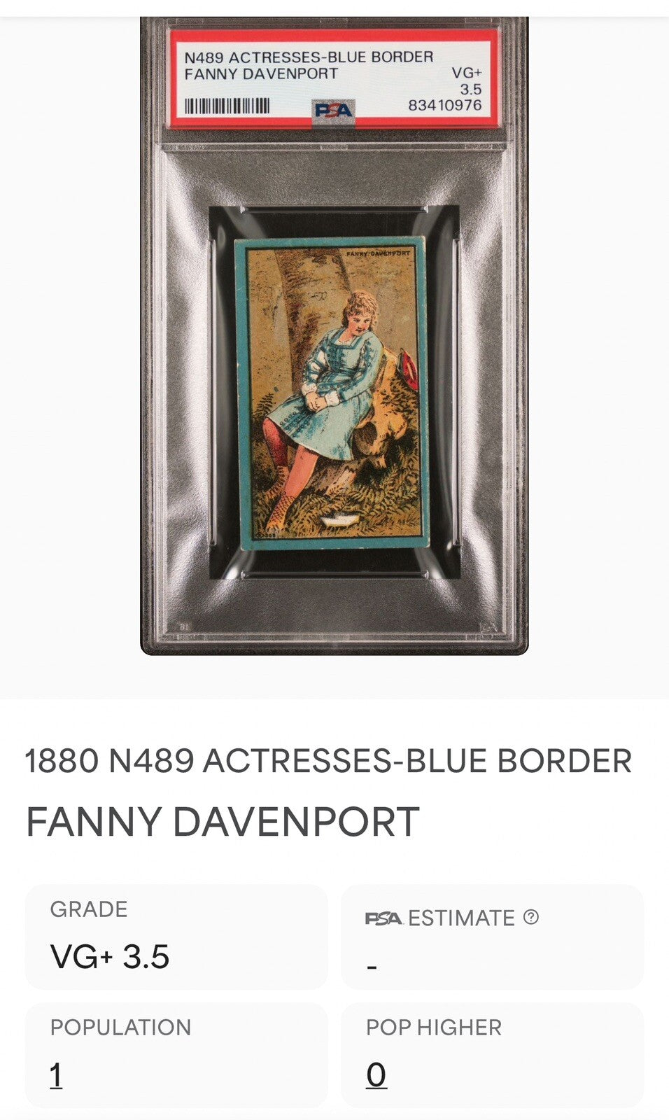N489 Actresses Blue Border Fanny Davenport PSA 3.5 VG+ Profit and Loss Cheroots3