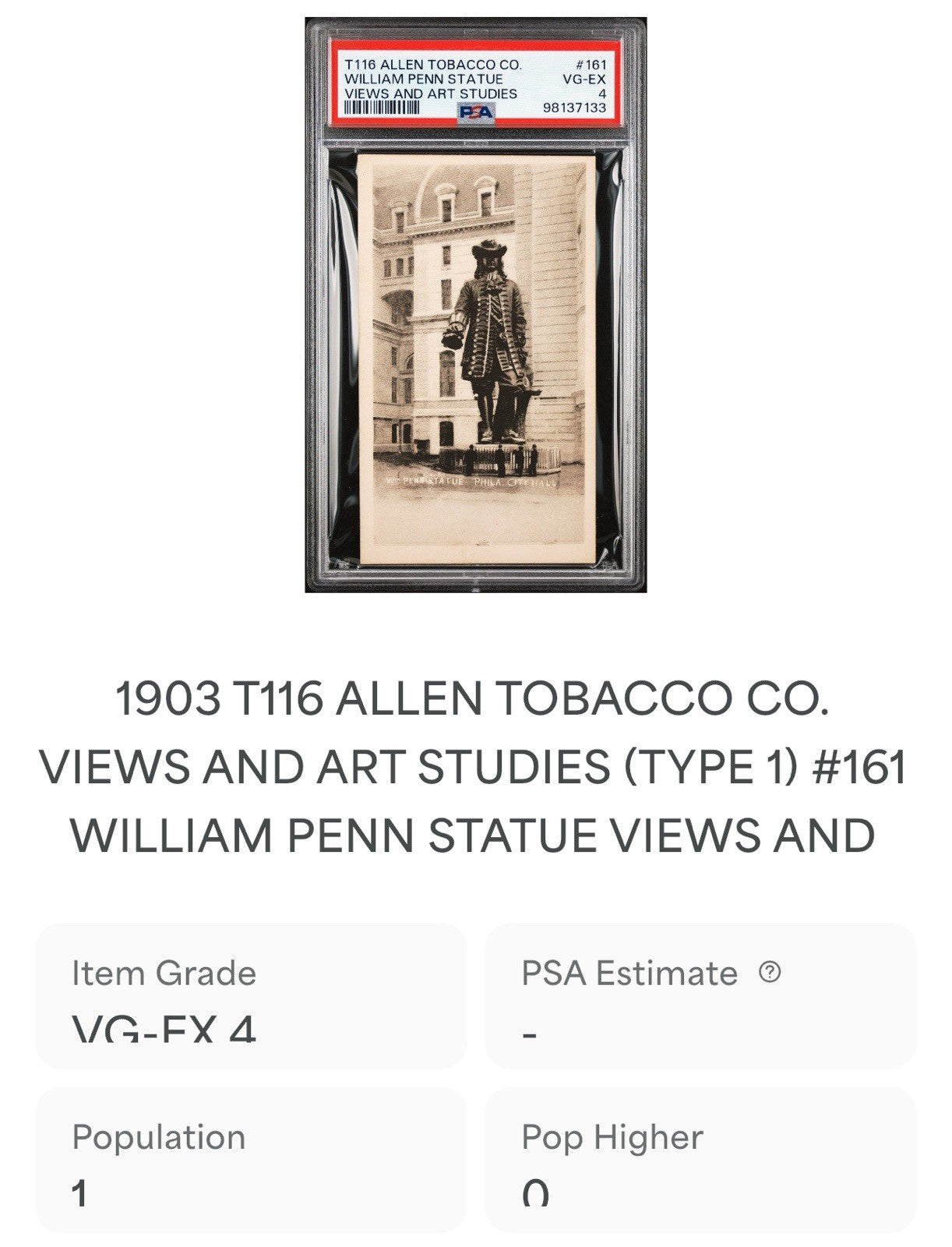 1903 T116 Allen Tobacco Telonette Art Studies #161 WILLIAM PENN (PSA 4 VG/EX)3
