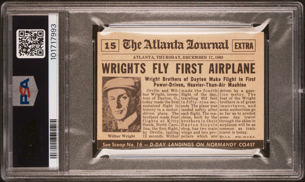 RARE 1954 TOPPS SCOOPS w/coating #15 WRIGHT BROTHERS (PSA 6 EXMT) First Airplane1